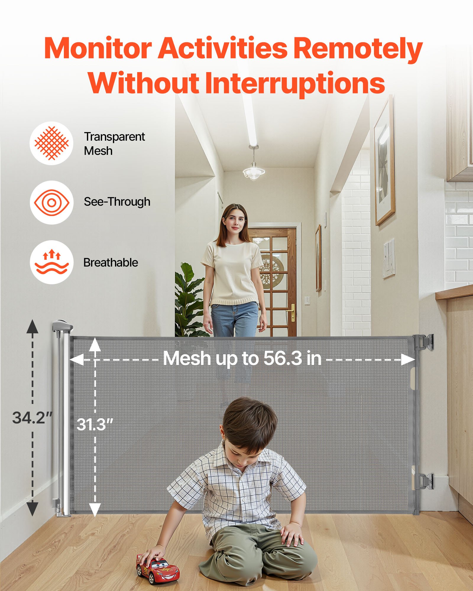 Retractable Baby Gate, Extends To 56.3 Inch Wide, 31.3 Inch Tall, With Security Lock, Easy To Use, Walk Through Without Tripping, Mesh Dog Gate For Stairs, Hallways, Indoor/Outdoor, Gray — imagen 2
