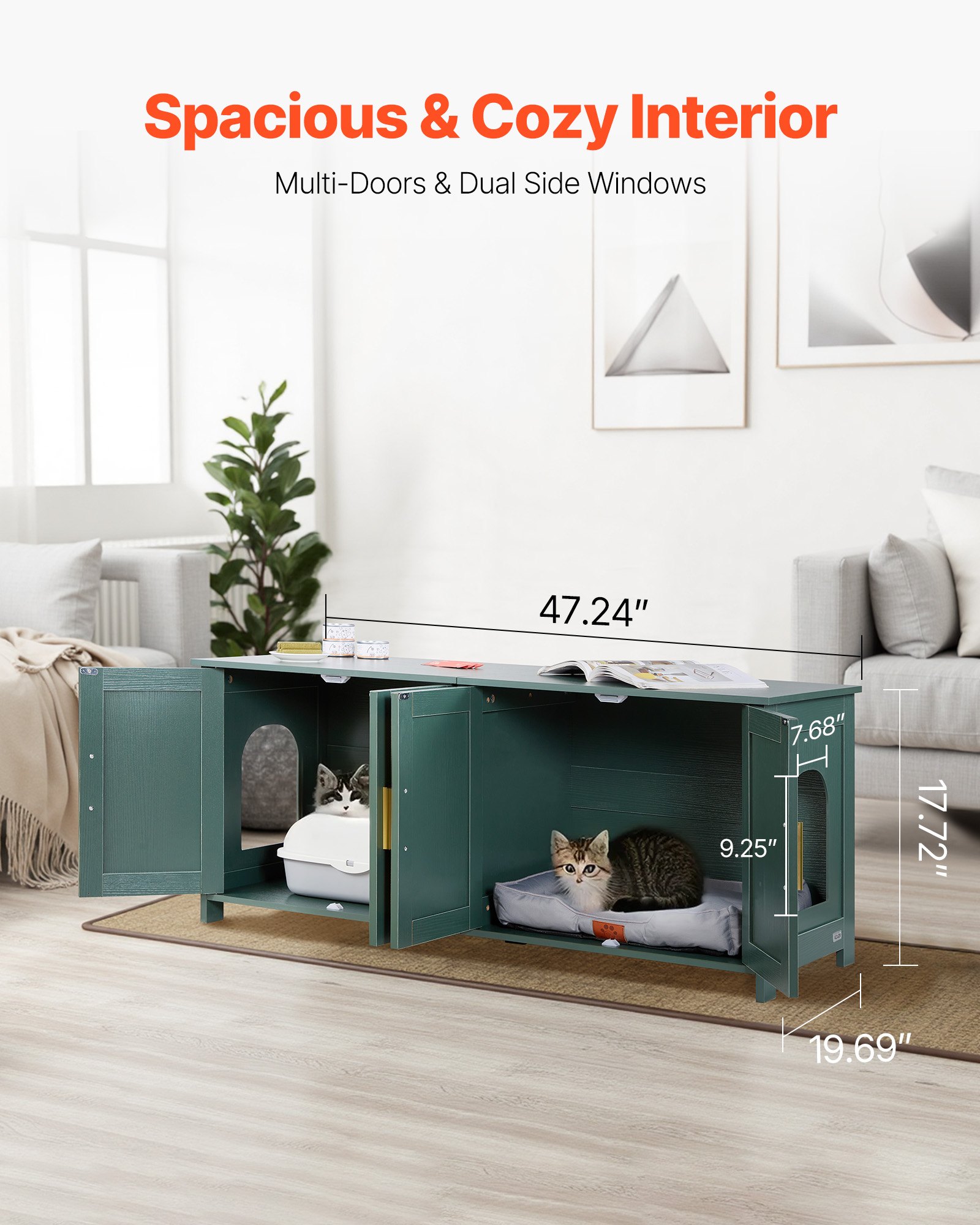 Cat Litter Box Enclosure For Multi Cats, 47.2 In Hidden Litter Box Cabinet With 4 Rattan Doors & 2 Entries, Indoor Cat Washroom, Wooden Kitty House Furniture, Fit Most Litterboxes, Green — image 2