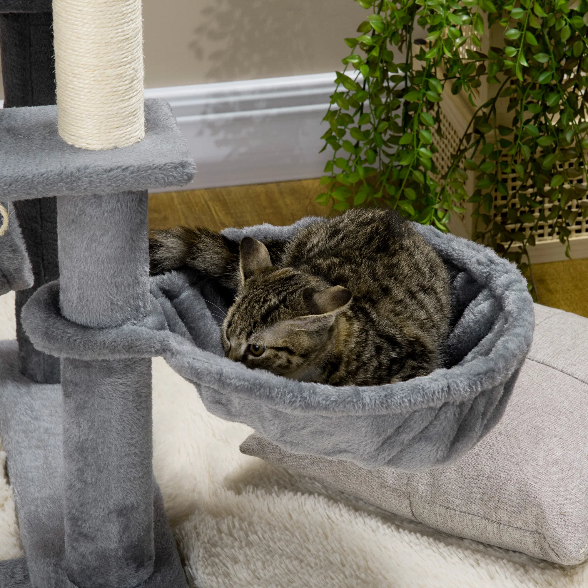 55" Cat Tree for Indoor Cats, Cat Tower, Kitty Activity Center with Cat Bed Ramp Condo Hammocks Hanging Ball Toys Sisal Rope Scratching Post, Grey — image 6