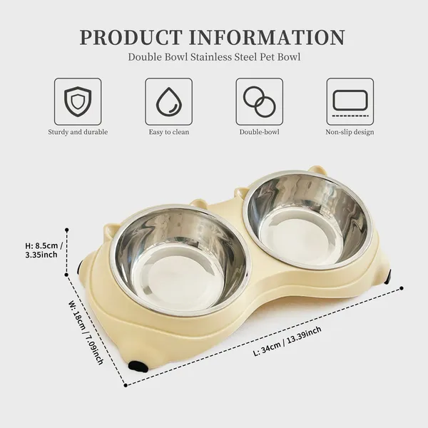 Anti Slip Base Double Cat Food Bowl, Yellow Stainless Steel Food And Water Bowl, Easy To Clean And Detachable Design, Cat And Dog Pet Feeder — image 1