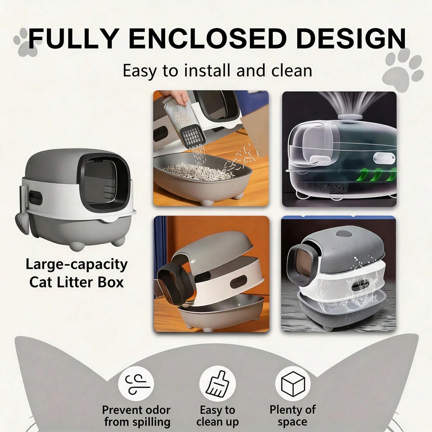 Caja de Arena para Gatos Totalmente Acristalada con Desinfección UV y Control de Olor, Gran 56cm para Gatos Grandes, Acceso Fácil 180° con Diseño Anti-Resbalón — imagen 4