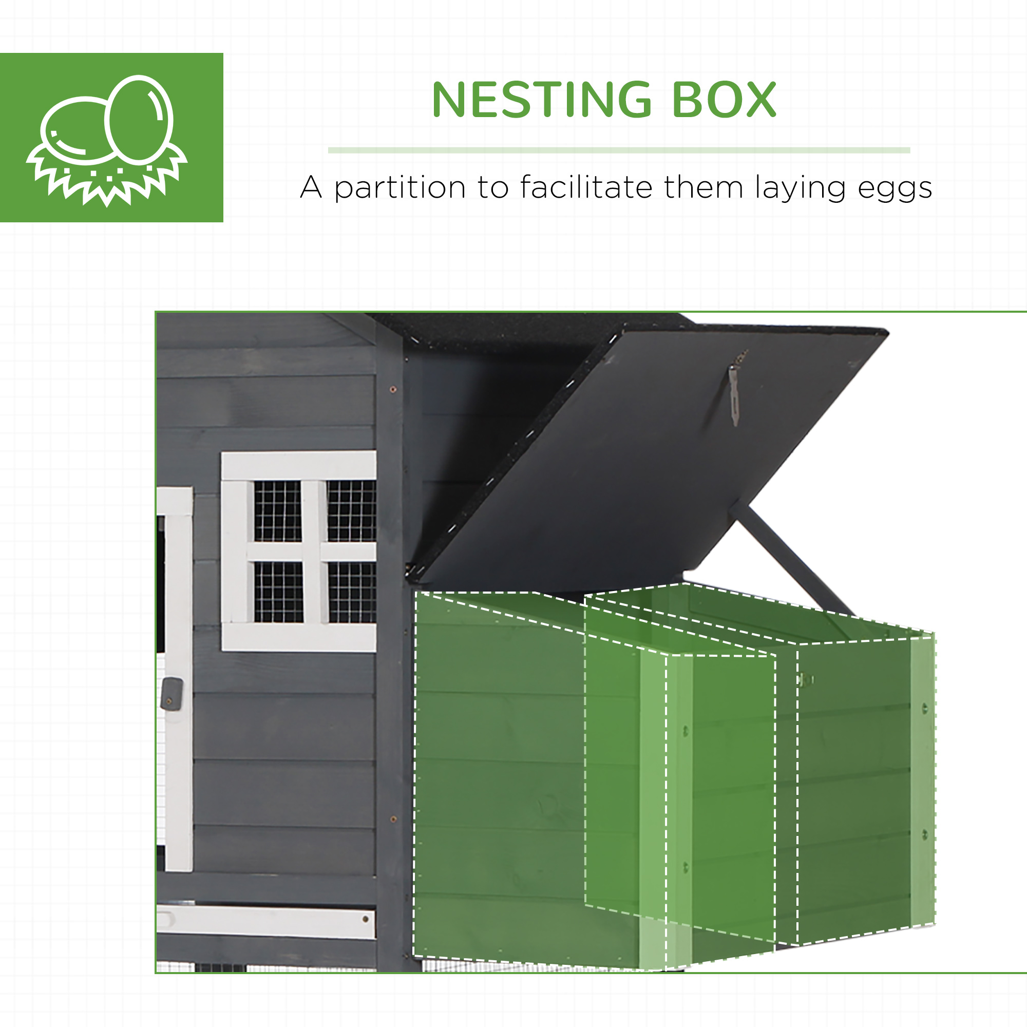 84" Wooden Chicken Coop, Hen House Outdoor with Run Nesting Box, Asphalt Roof, Removable Tray, Ramp, Poultry Cage for 2-3 Chickens, Gray — imagen 2