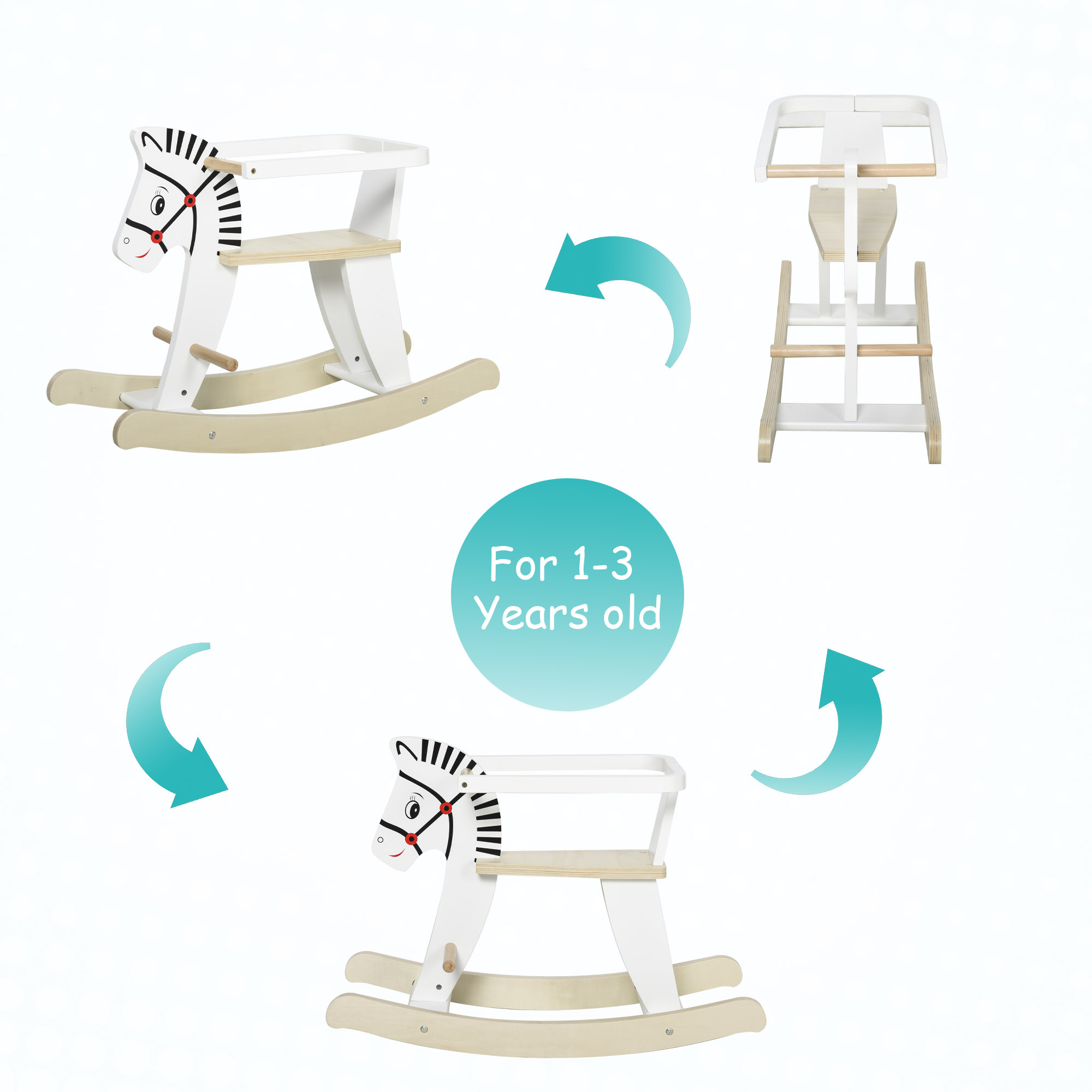 Wooden Rocking Horse Toddler Baby Ride-on Toys for Kids 1-3 Years with Classic Design & Wood Safety Bar, White — image 5