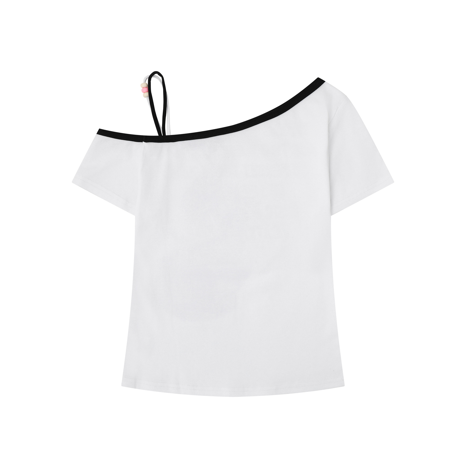 Camiseta de Manga Corta con Estampado de Gato Sexy y Cintas de Perlas Asimétricas para Mujer — imagen 3