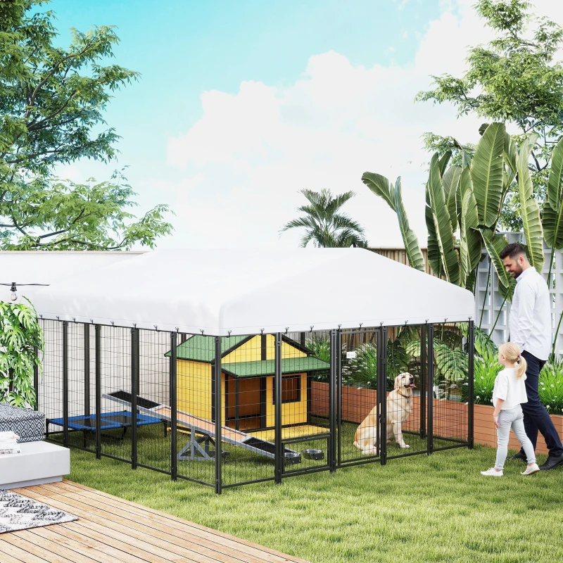 Caseta para Perros de Exterior 9.8' X 9.8' X 6', Corral Exterior con Comederos Giratorios 360°, Funda Impermeable y Resistente a los Rayos UV, Paquetes Múltiples — imagen 8