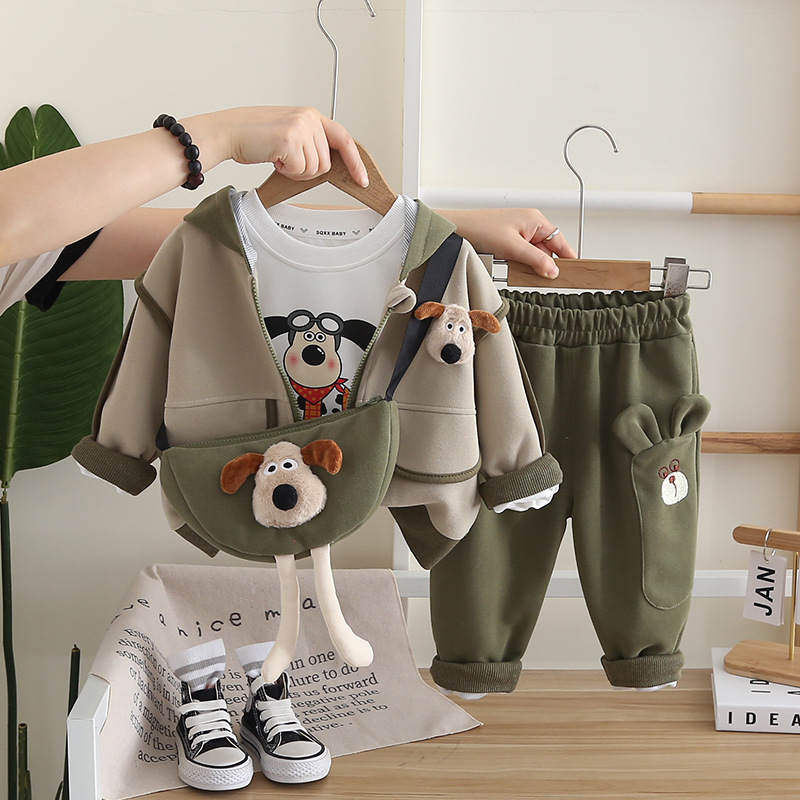 Toddler Kids Puppy Print Hooded Jacket Long Sleeve T-Shirt Pants Bag Set — image 4
