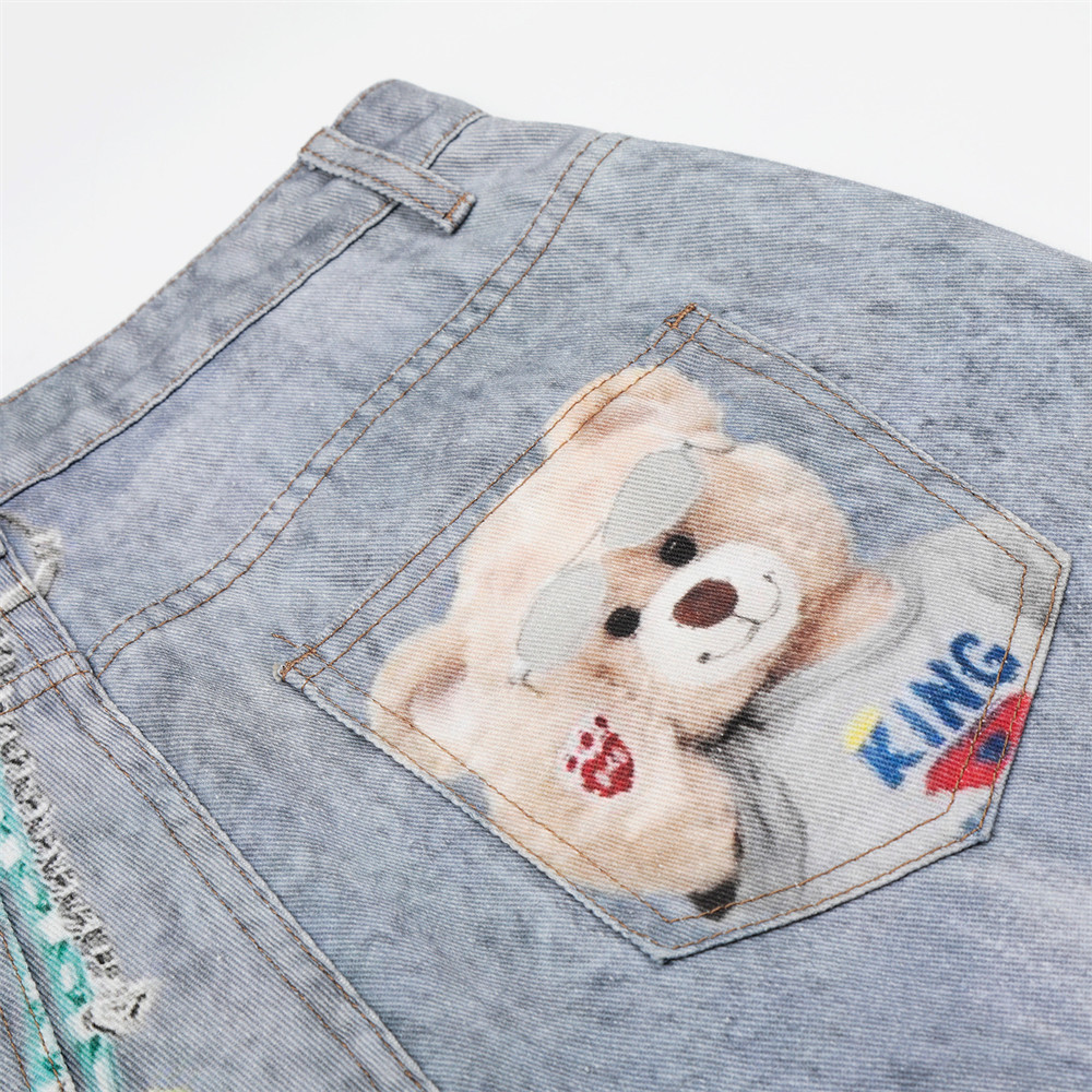 Teddy bear cartoon hot stamping straight leg denim pants — image 4