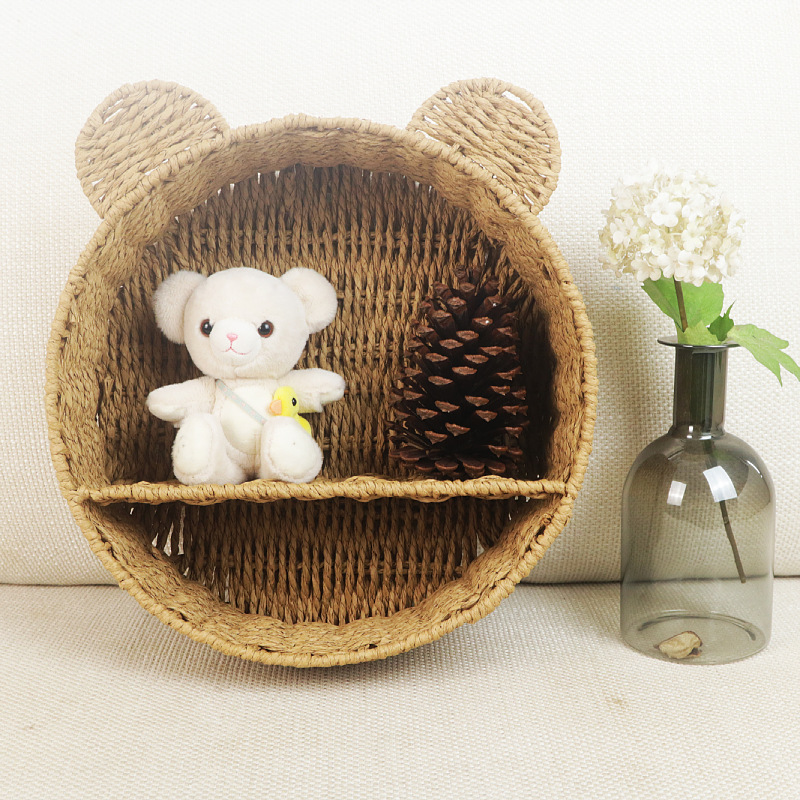 Cat Ear Eco-Friendly Paper Rope Woven Storage Rack Round Organizer Basket Wall-Mounted Cosmetic and Decorative Display Shelf — image 4