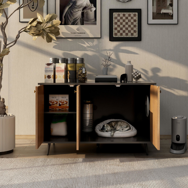 Litter Box Enclosure, Cat Litter Box Furniture With Hidden Plug, 3 Doors, Indoor Cat Washroom Storage Bench Side Table Cat House, Large Wooden Enclused Litter Box House, Black And Walnut — image 4