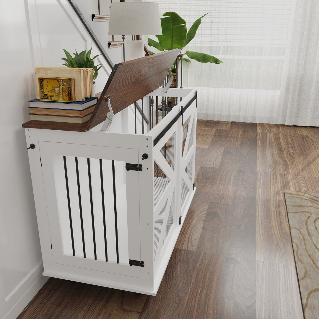 47.2 Mobile Dog Crate With Flip-Top Feeding Door, Dual-Access & 5 Caster System 2 Locking, Side Hooks - Multi-Functional Pet Kennel, double Dog Crate Furniture — image 13