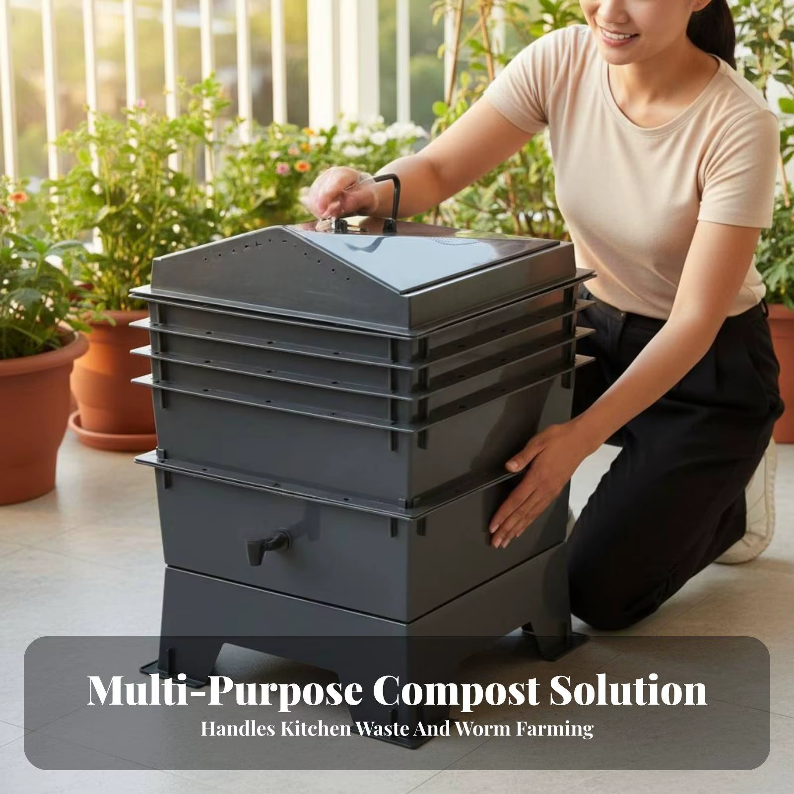 Contenedor de compostaje plástico para sistema de granja de gusanos de cocina en balcón, patio, con bandejas extensibles y cosecha con grifo — imagen 5