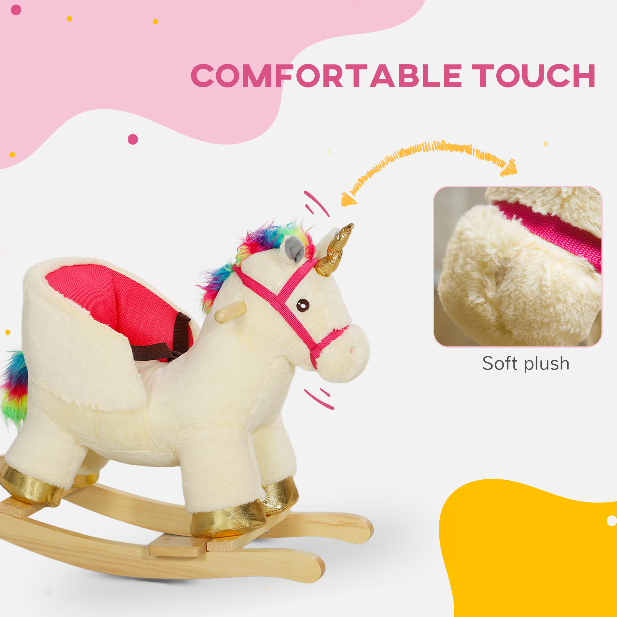 Kids Rocking Horse, Unicorn with Realistic Sound, Safety Belt & Wooden Base for 18-36 Months — image 2