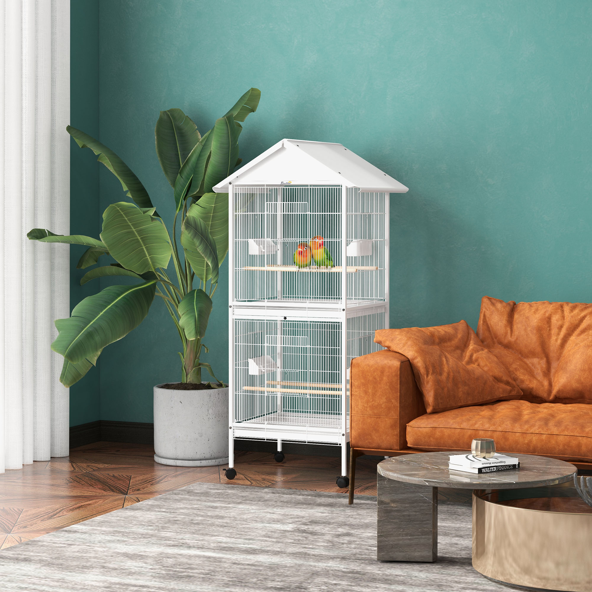 Caja para Pájaros de Metal Forjado con Soporte Rodante, Perchas y Contenedores de Alimento, 67" H, Blanco — imagen 1