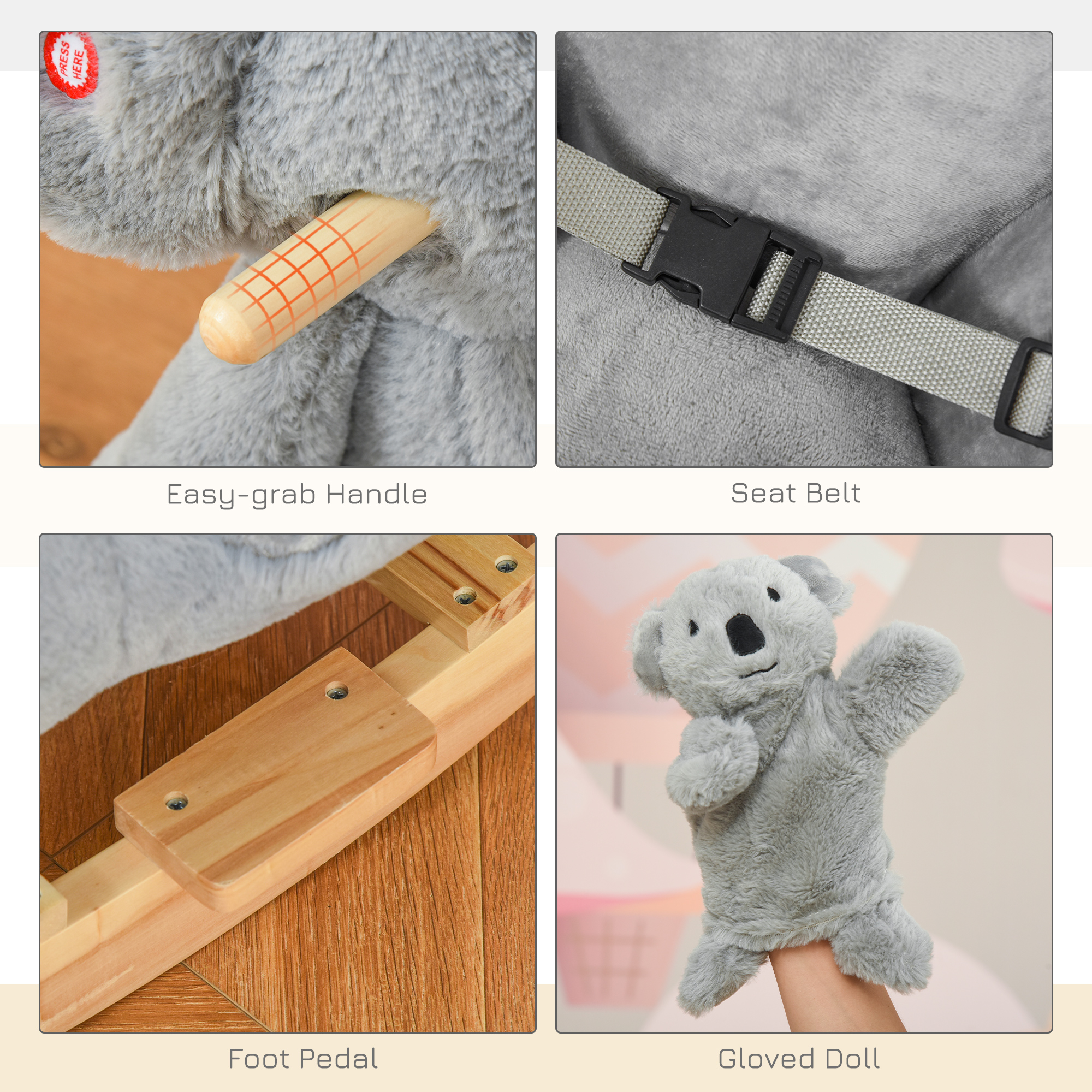 Caballo de Roca para Niños con Sonidos Realistas, Forma de Koala con Movimiento Suave para Bebés de 18 a 36 Meses, Gris — imagen 5