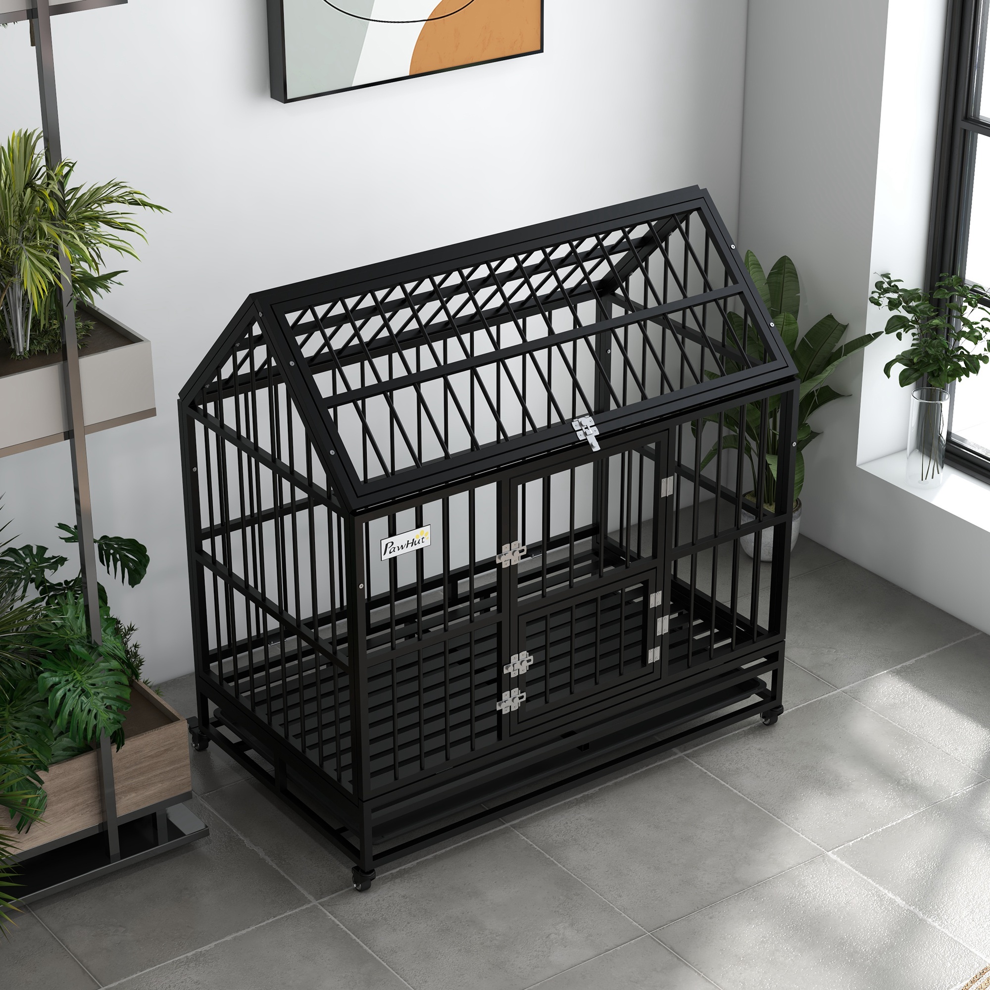 48" Heavy Duty Dog Crate with 4 Lockable Wheels, Double Doors, and Removable Tray, for XL and L Dogs — imagen 4