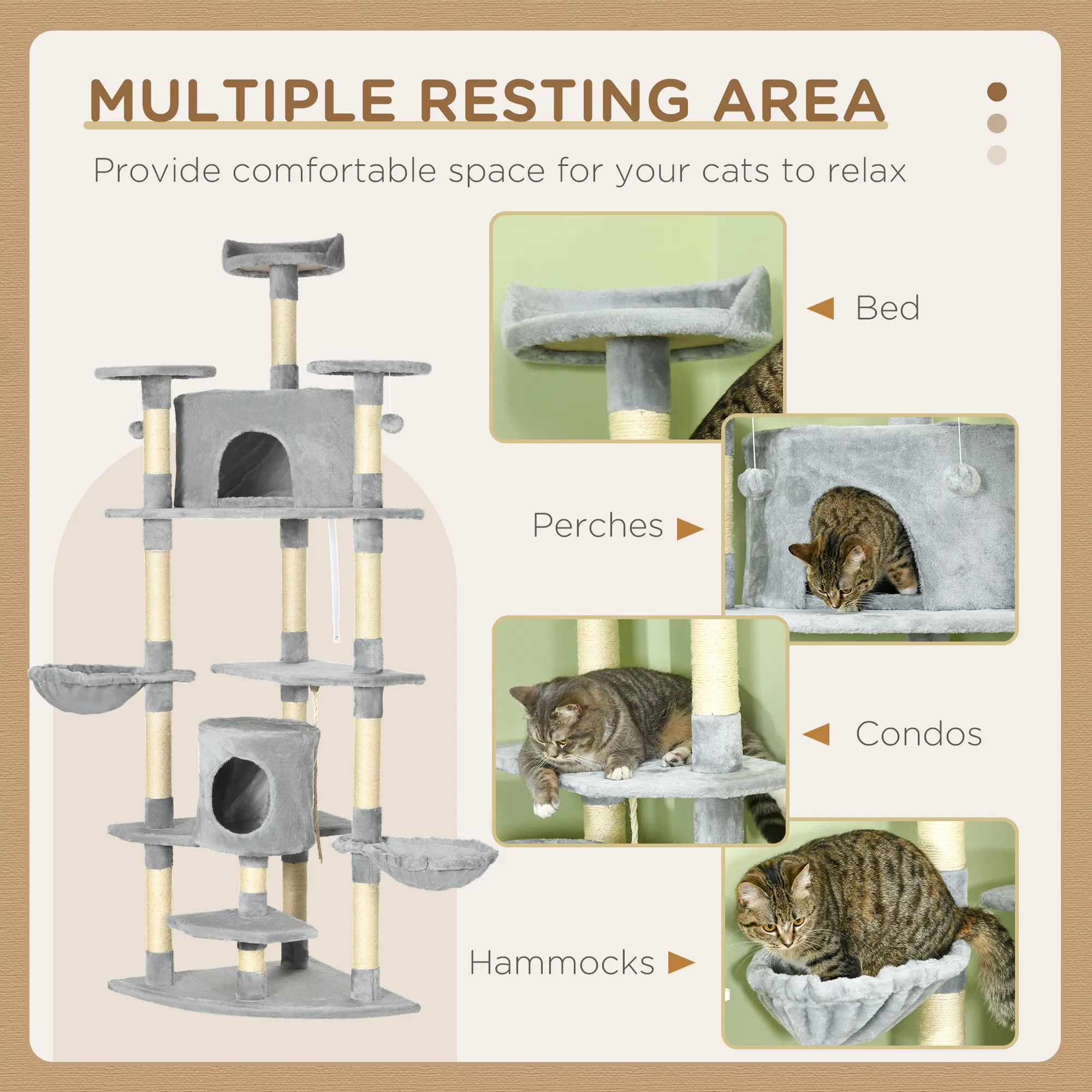 79" Cat Tree Multi-Level with Two Condos, Kitty Tower with Scratching Posts, Two Hammocks, Perches, Interactive Toys, Dark Gray — image 4