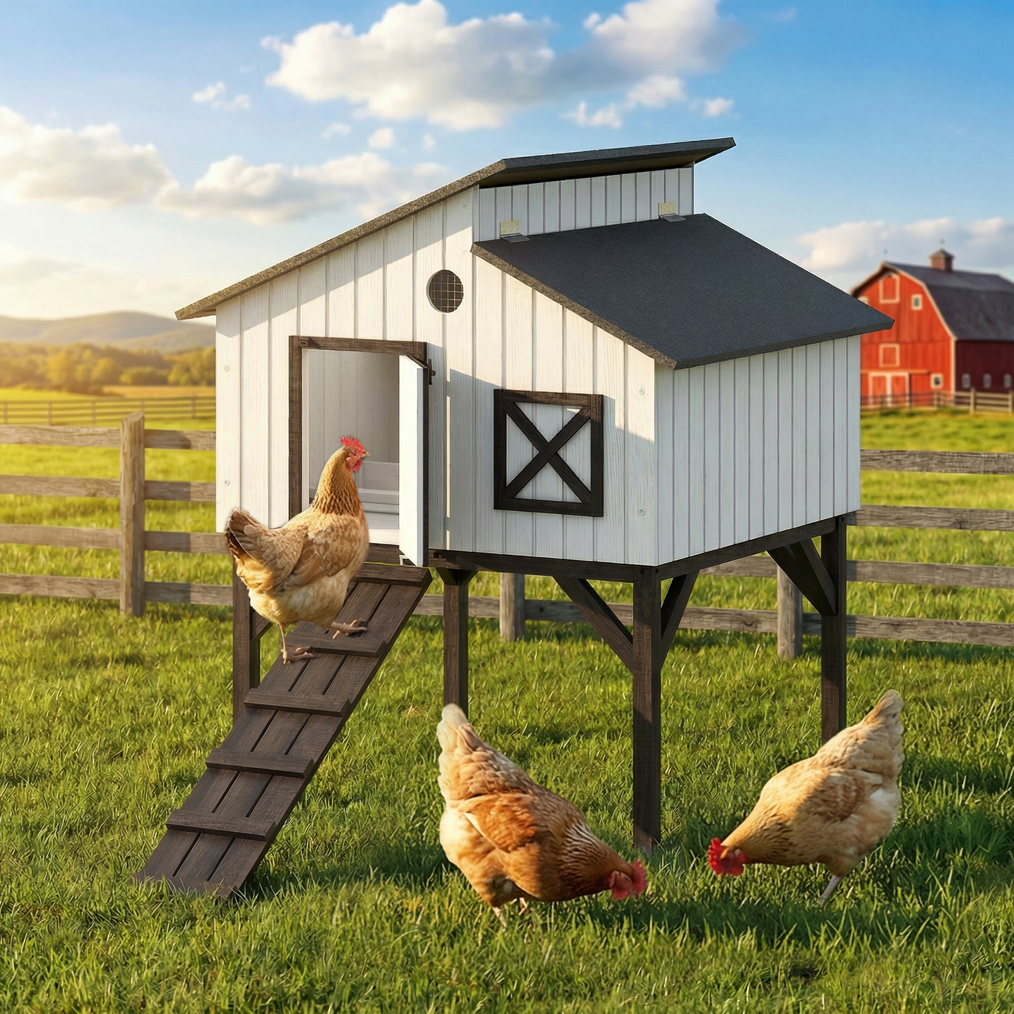 Casa de Gallinas con Box de Anidación y Jaula para Conejos Elevada con Rampita, Techo Abierto de Asfalto y Patas Elevadas — imagen 1
