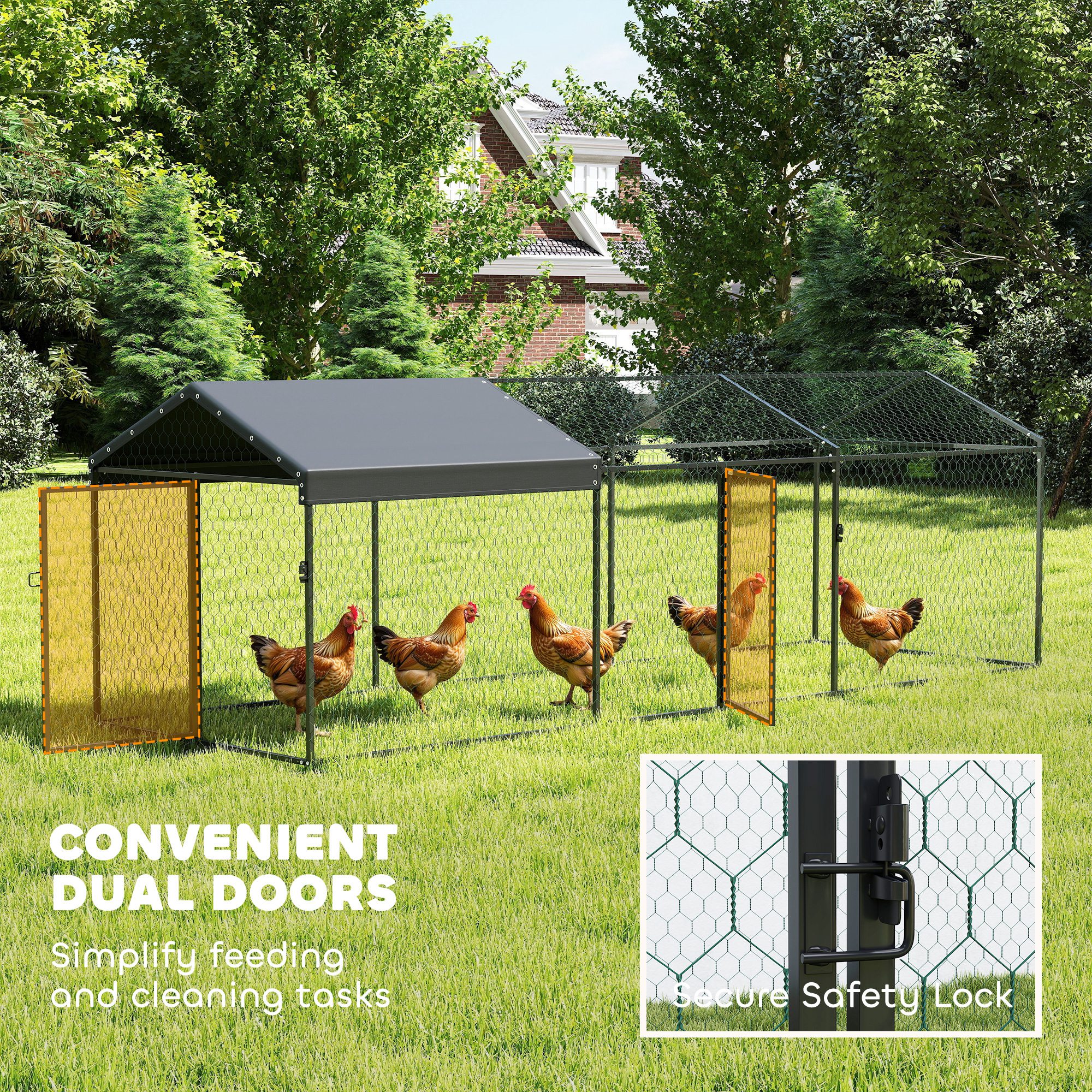 Casa de Pollos Grande en Metal con Corral Acogedor y Cubierta Impermeable UV para 3-5 Gallinas, Caja para Pájaros Exterior para Conejos — imagen 5
