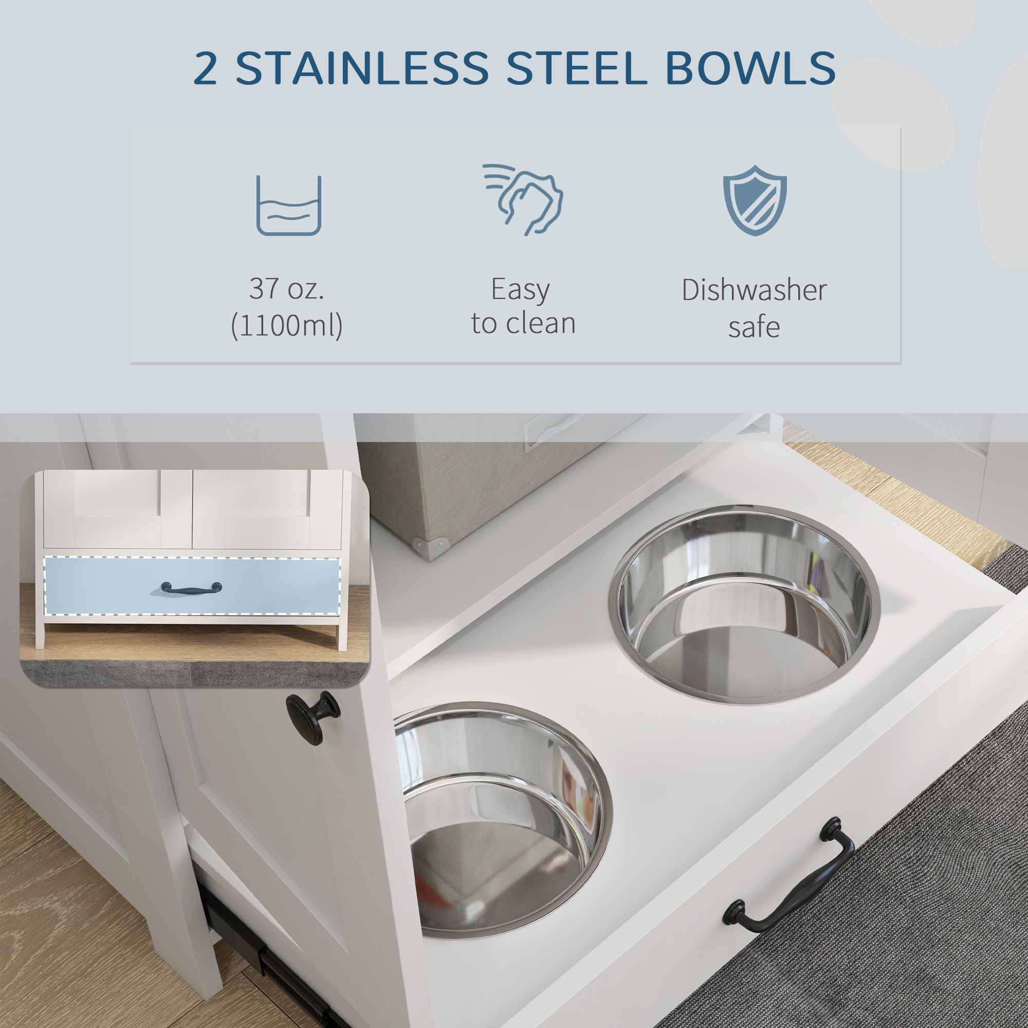 Pet Feeding Station, Dog Food Storage Cabinet w/ Raised Dog Bowls, Adjustable Panel, Hooks for Medium Dogs, White — image 2