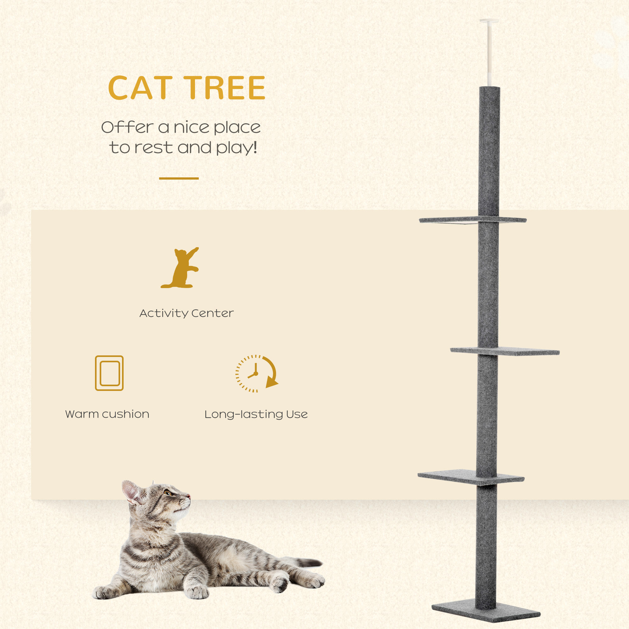 Floor-to-Ceiling Cat Tree Cat Climbing Tower with Sisal-Covered Scratching Posts Natural Cat Activity Center for kittens Cat tower furniture, Gray — image 3