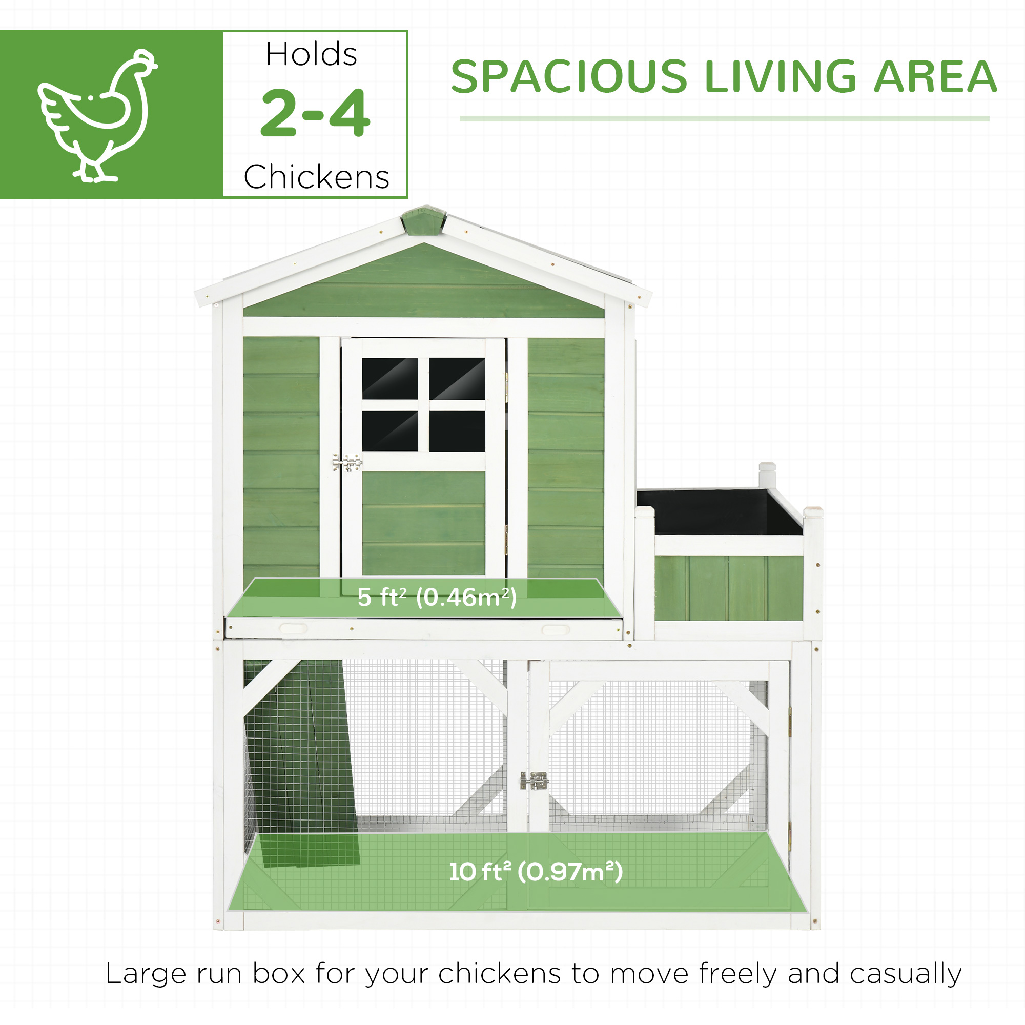 Gallinero Pequeño de 49" con Espacio de Jardín, Corral Exterior para Gallinas con Protección Climática, para 2-4 Aves, Verde — imagen 8