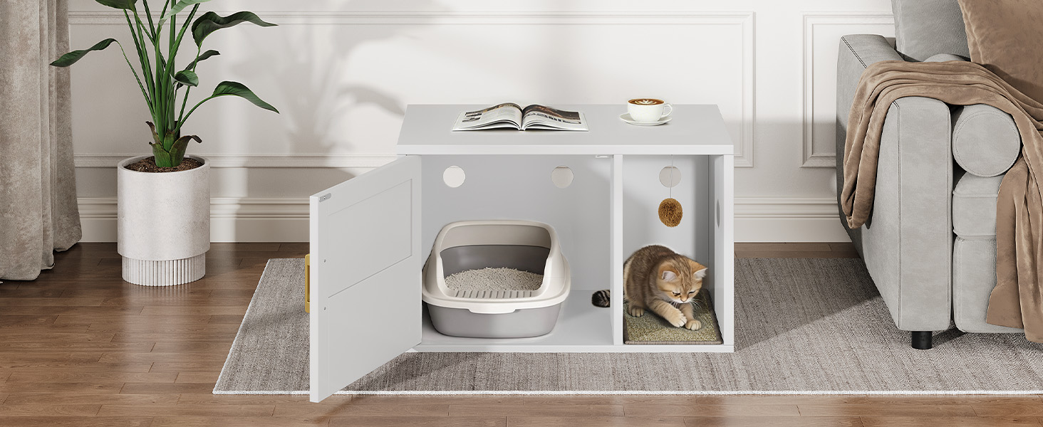 Caja de Limpieza para Gatos Multifuncional de Diseño Blanco Moderno Casa para Gatos con Lavabo y Mesa de Sílabo para Dormitorio y Salón — imagen 16