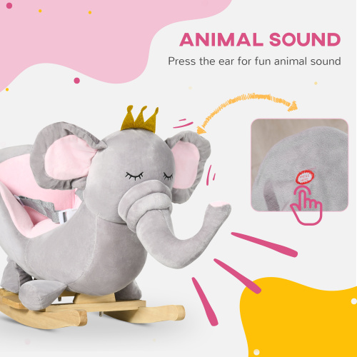 Qaba Baby Rocking Horse Elephant Rocking Chair Toddler Rocker Toy With Sound Wooden Base Seat Safety Belt For 1.5-3 Year Old, Gray — imagen 2