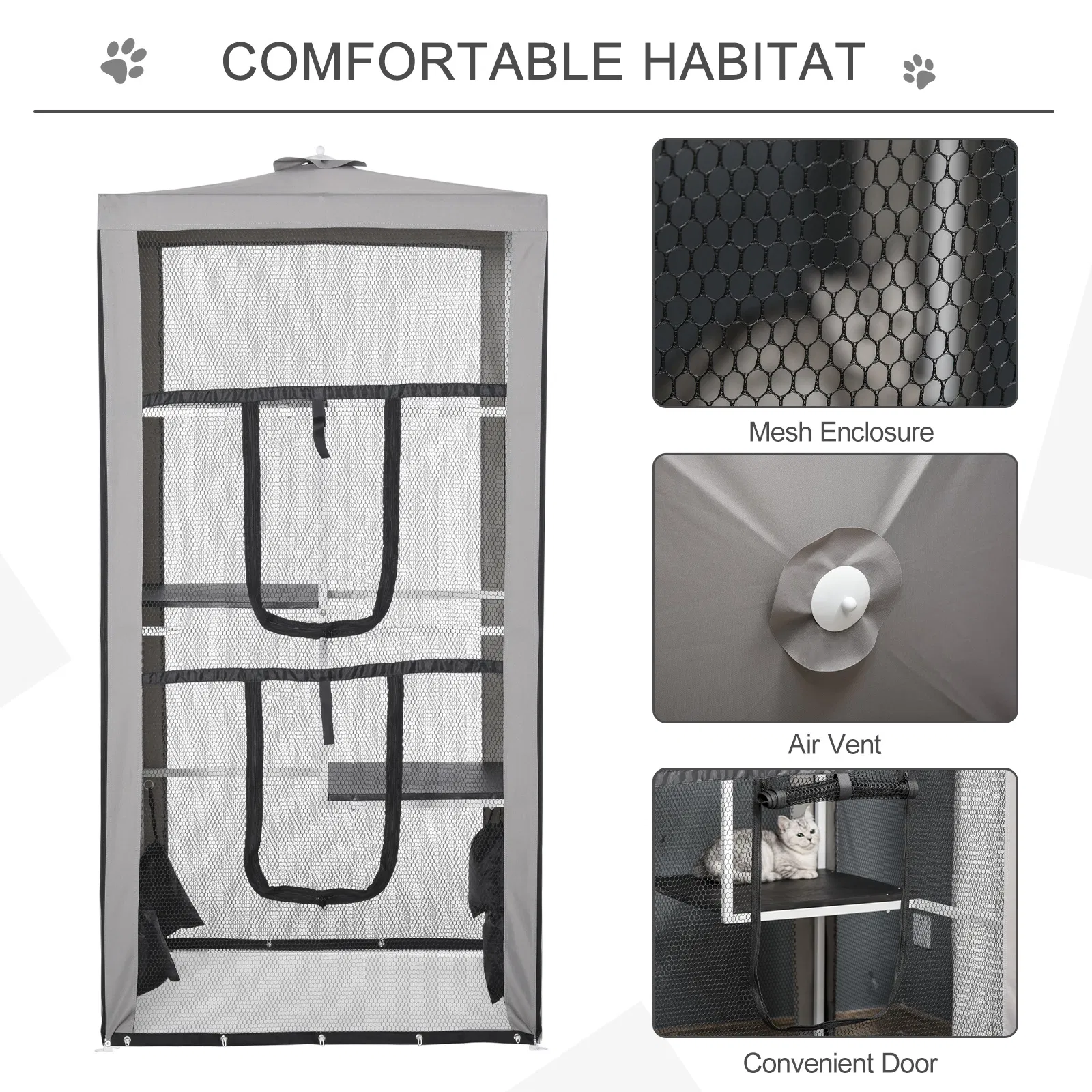 79" Cat Cage, Large Outdoor Kitten House, Indoor Cage Pet Kennel Playpen with 3 Platforms Door 4 Sandbags - Grey — image 6