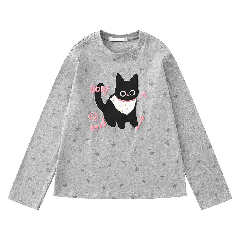 Cute kitten loose long sleeved shirt with floral patterns — image 6