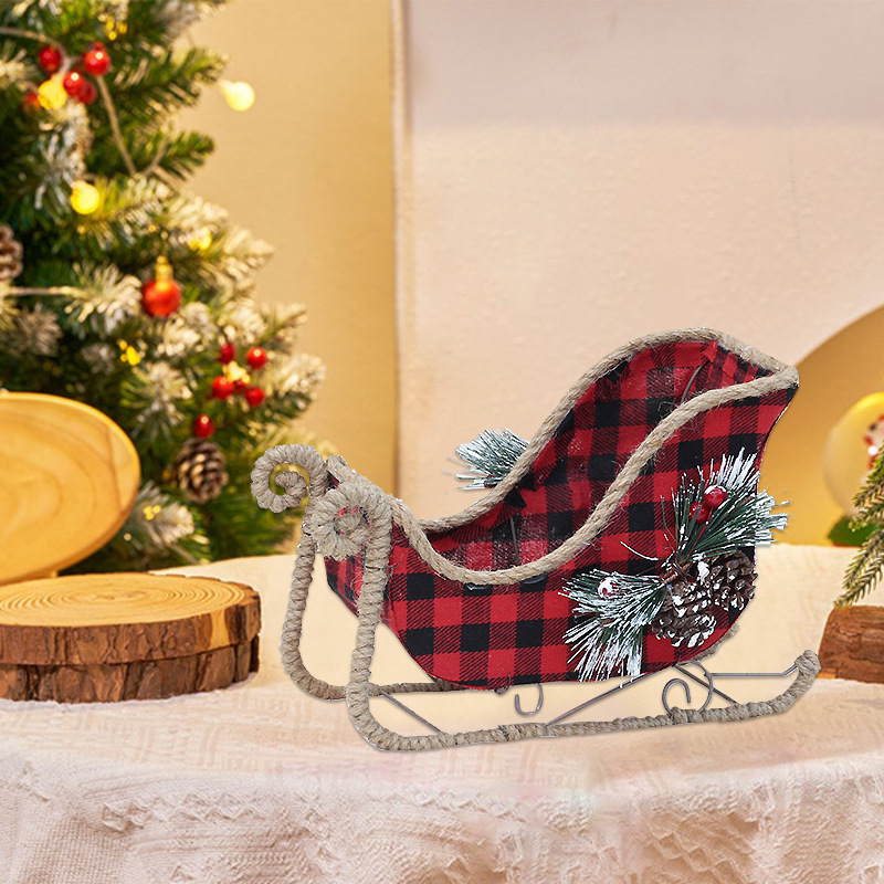 Christmas Decorative Iron Art Christmas Tree Branches Red and Black Plaid Fabric Decoration Reindeer Pulling Carriage Ornament — image 5