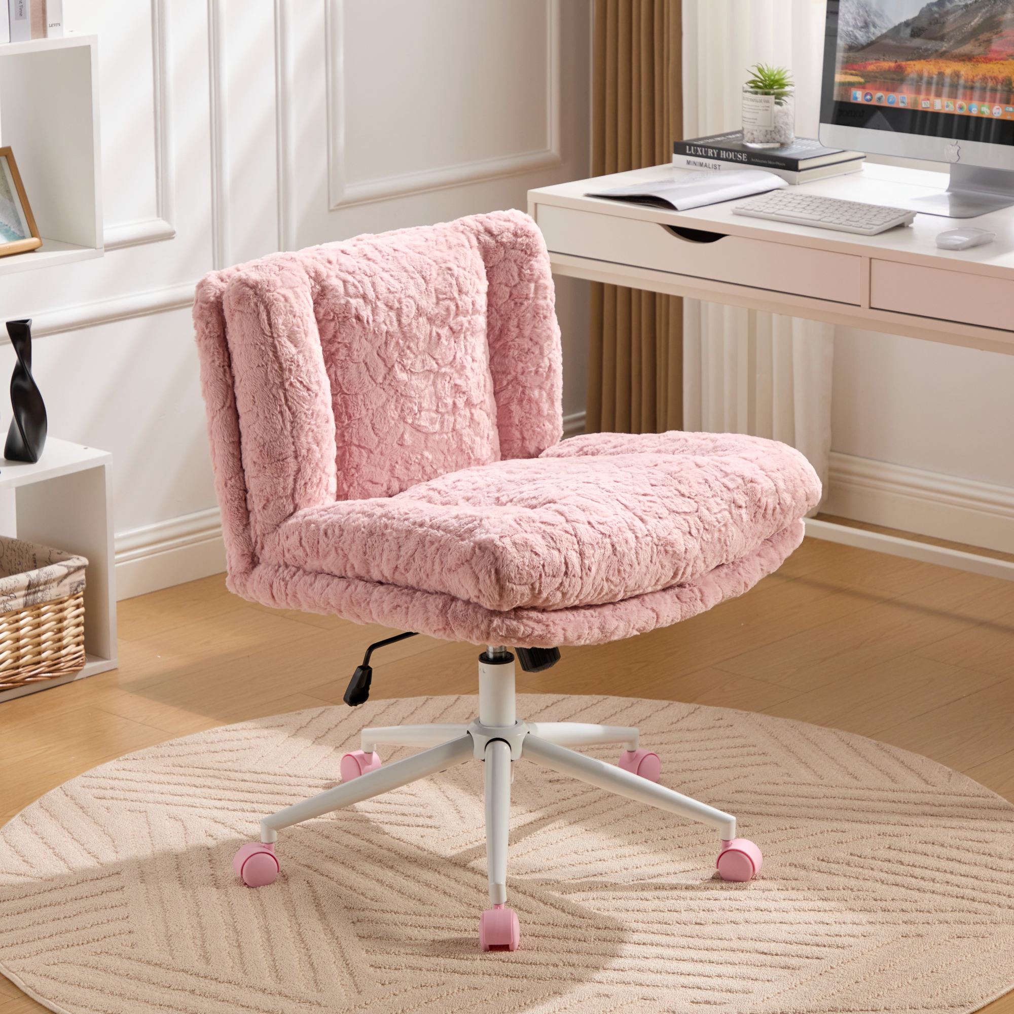 Silla de Oficina con Pelo de Conejo Artificial 26.4 Pulgadas de Ancho de Asiento, Base Metálica Ajustable, Silla para Estudio y Vestidor — imagen 1