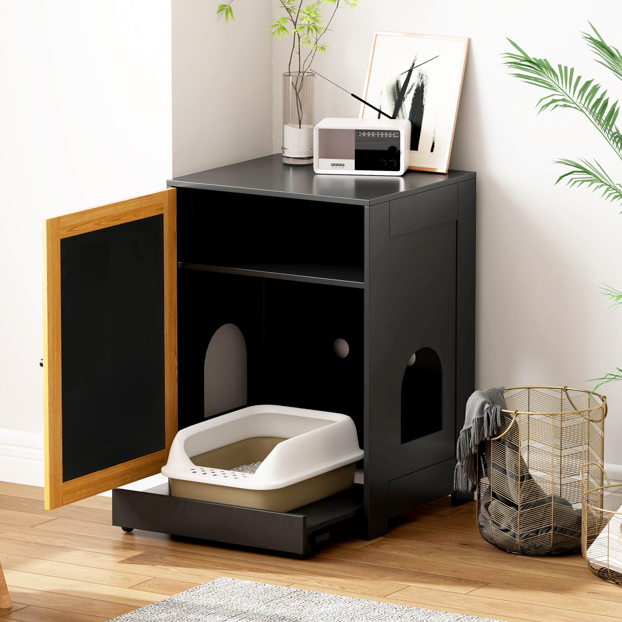 Caja de Arena para Gatos, Baño Oculto, Mesa para Gatos, Armario de Arena con Puerta de Sisal, Negro — imagen 3