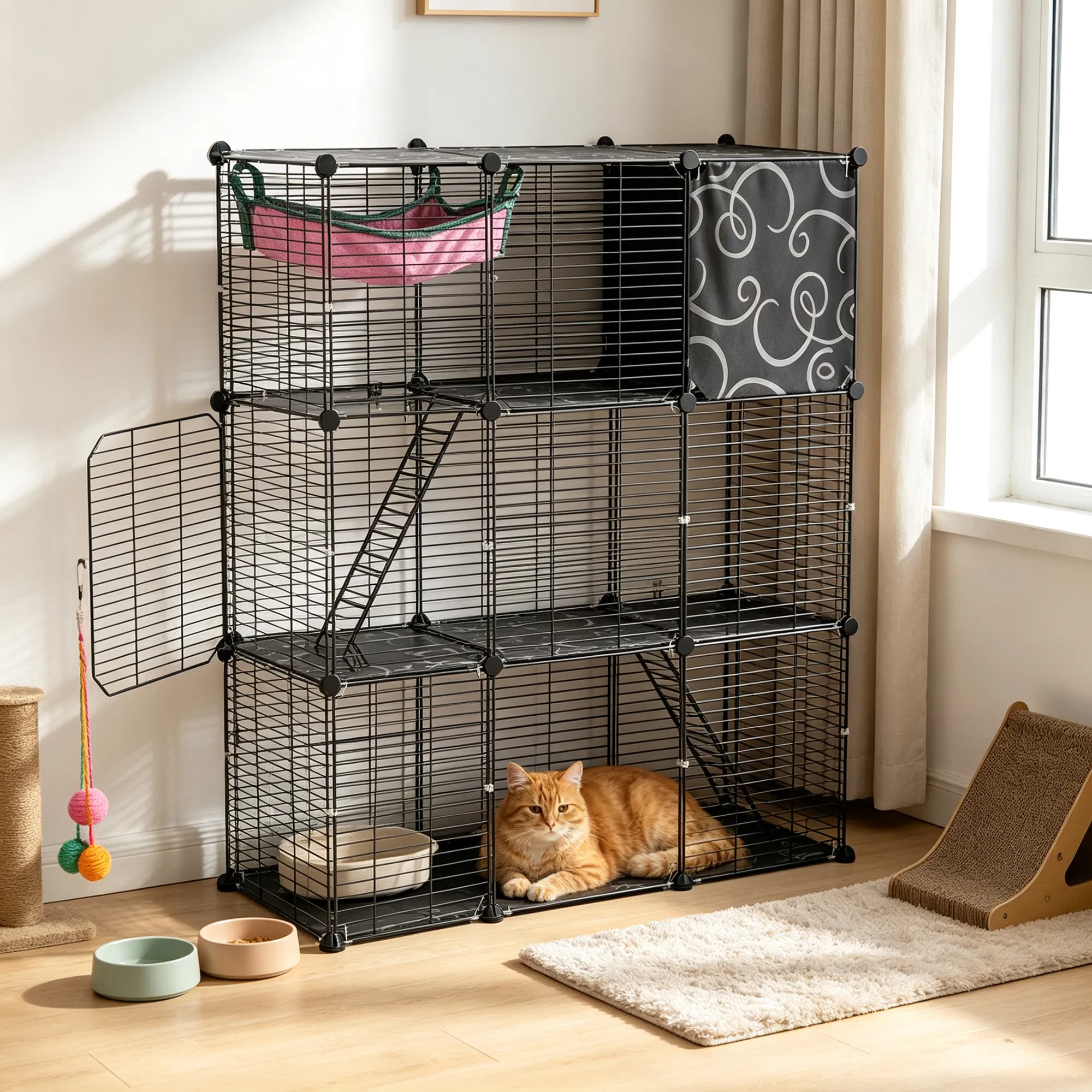 3-Level Metal Cat Cage Enclosure, Modular Pet Habitat with 3 Doors, 2 Ladders, Plush Hammock and Toy Ball for Small Indoor Animals — image 11