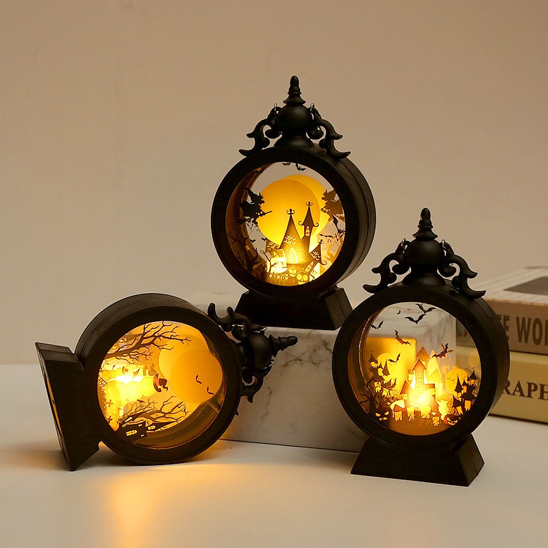 Halloween Decorative Wind Lantern Retro Round Portable Horse Lantern LED Electronic Candle Lamp Atmosphere Decoration — image 4