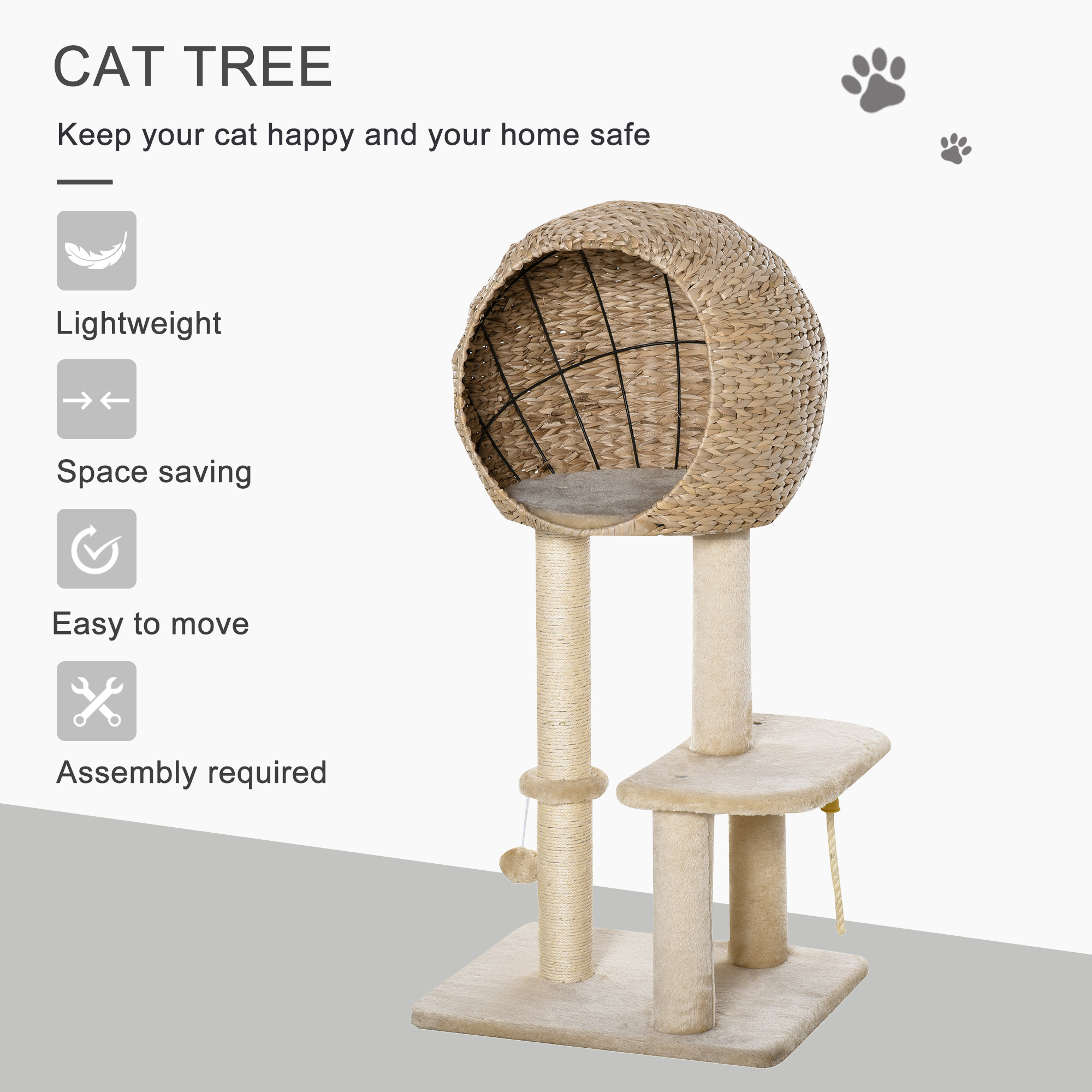 Cat Tree with Sisal Scratching Post Condo and Hanging Rope 39" H, Beige — image 2