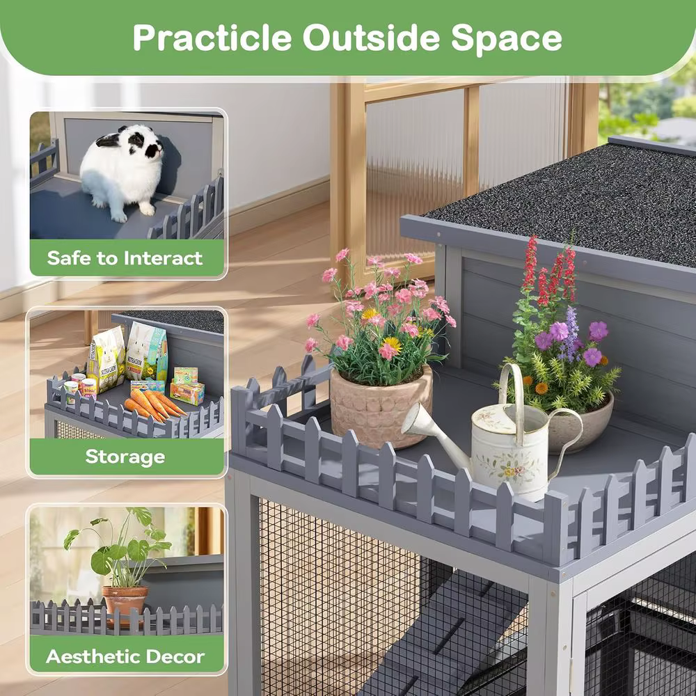 Wood Rabbit Hutch with Balcony Small Animal House Bunny Cage on Wheels | Ideal or multiple small animals, eaturing chewproo p & — image 2