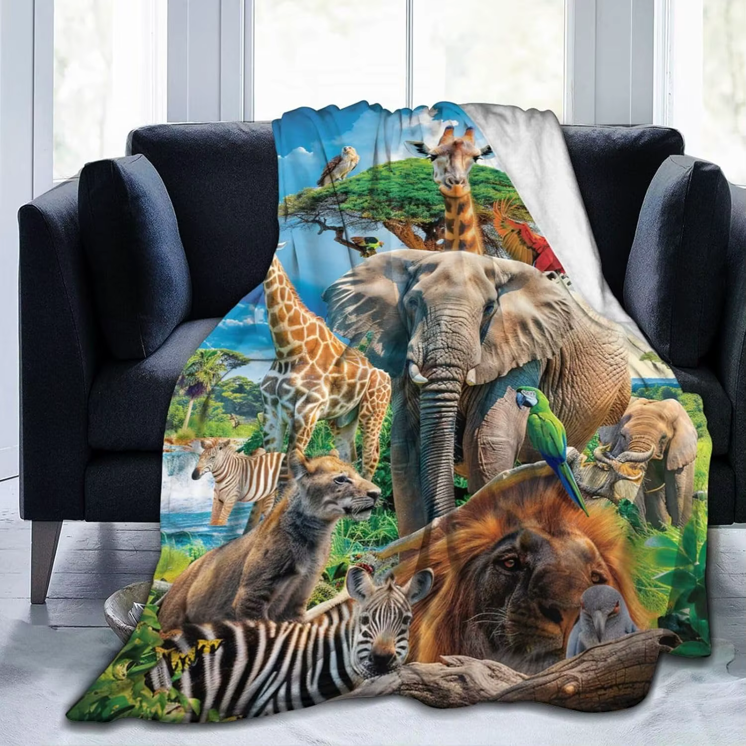 Manta de Animales del Zoológico – Muy Suave Cobertor Temático de Selva con Elefantes, Jirafas y Cebras para Niños y Adultos — imagen 6