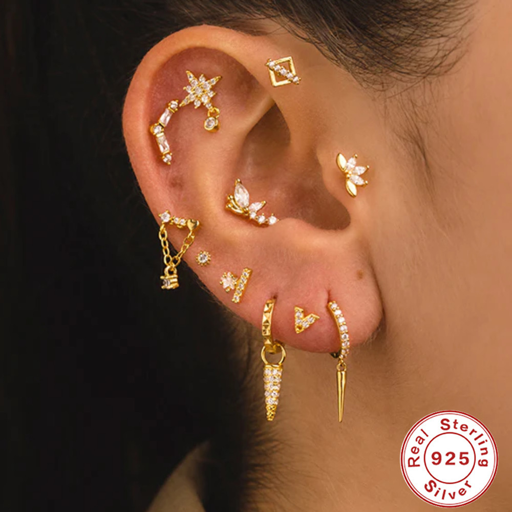 Pendientes de plata esterlina S925 con insignia de viento triple cielo, adorno de mariposa super hada, perforación interna, hilo interno, cabeza plana — imagen 4