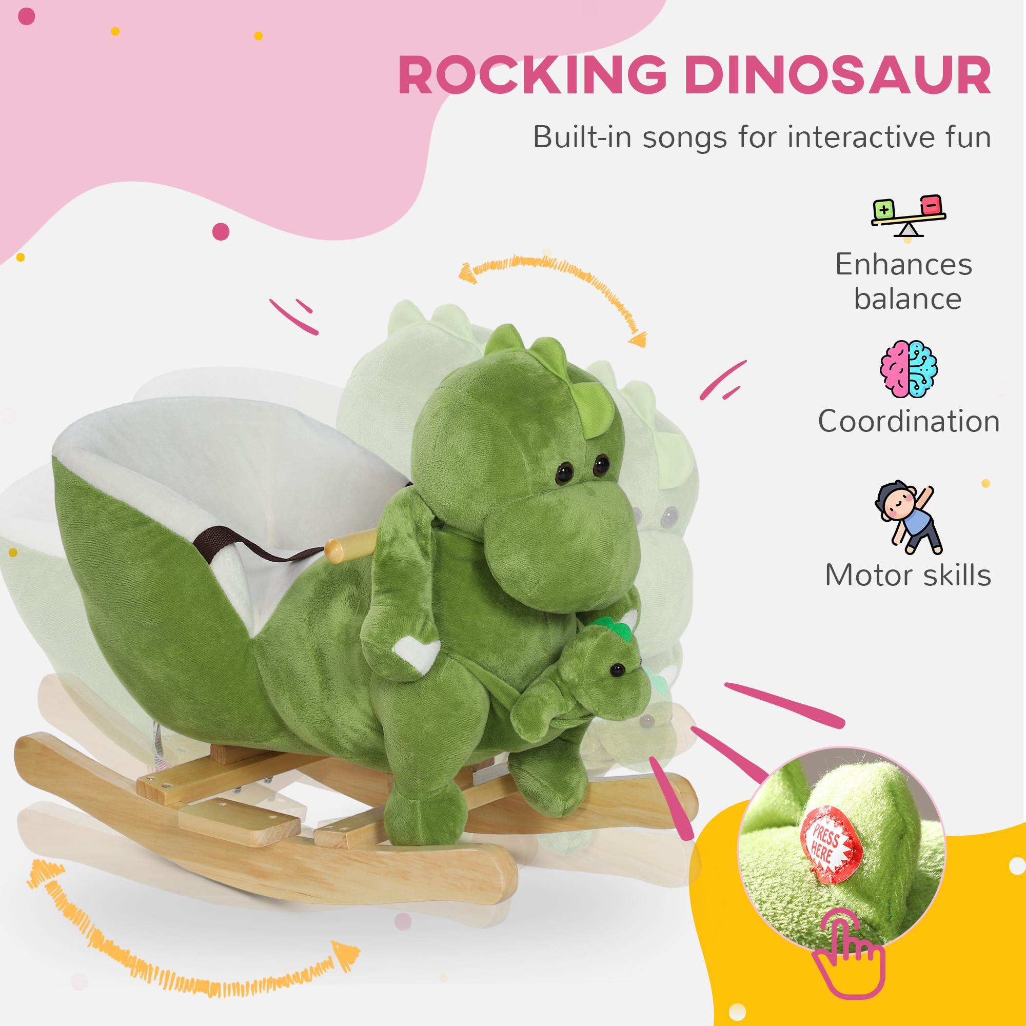 Caballo de Madera con Dinosaurio, Cinturón de Seguridad y 32 Canciones para Niños de 18 a 36 Meses, Verde — imagen 2