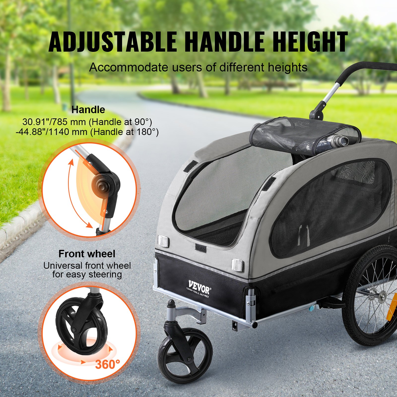 Dog Bike Trailer, Supports Up To 88 Lbs, 2-in-1 Pet Stroller Cart Bicycle Carrier, Easy Folding Cart Frame With Quick Release Wheels, Universal Bicycle Coupler, Reflectors, Flag, Black/Gray — image 3