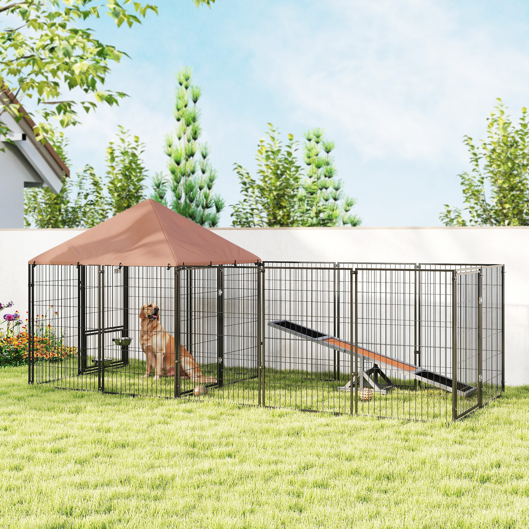 Large Outdoor Dog Kennel With Rotating & Adjustable Height Bowls, Waterproof & UV-Resistant Canopy, 11.3 X 4.7 X 5.1 — image 4