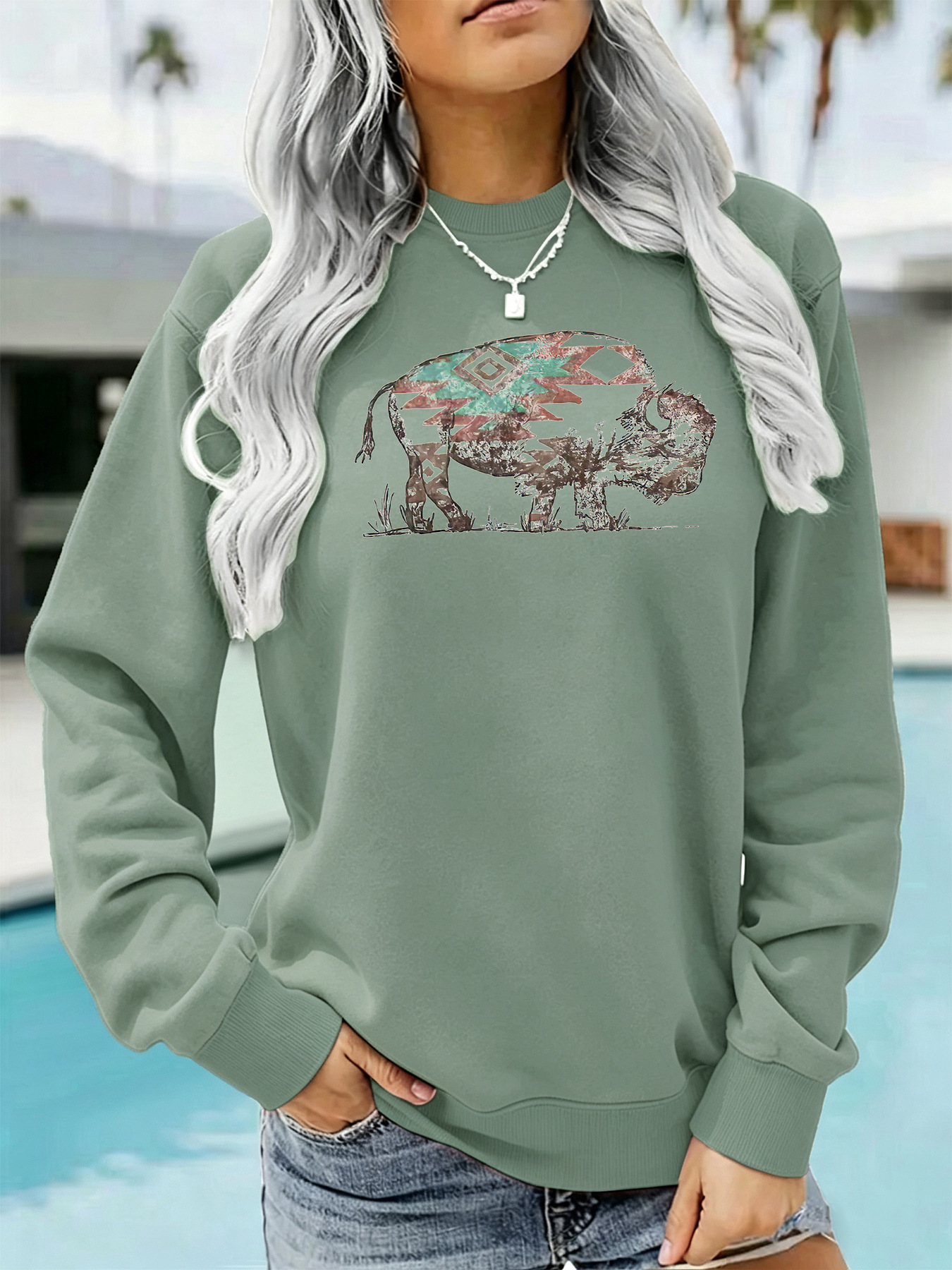Buffalo print round neck fleece hoodie — image 9
