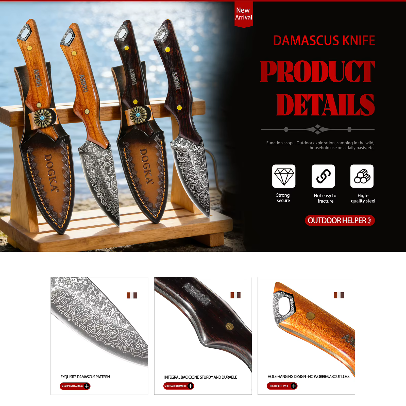 Handmade Damascus Hunting Knife, Full Tang Fixed Blade Camping Knife with Leather Sheath — image 3