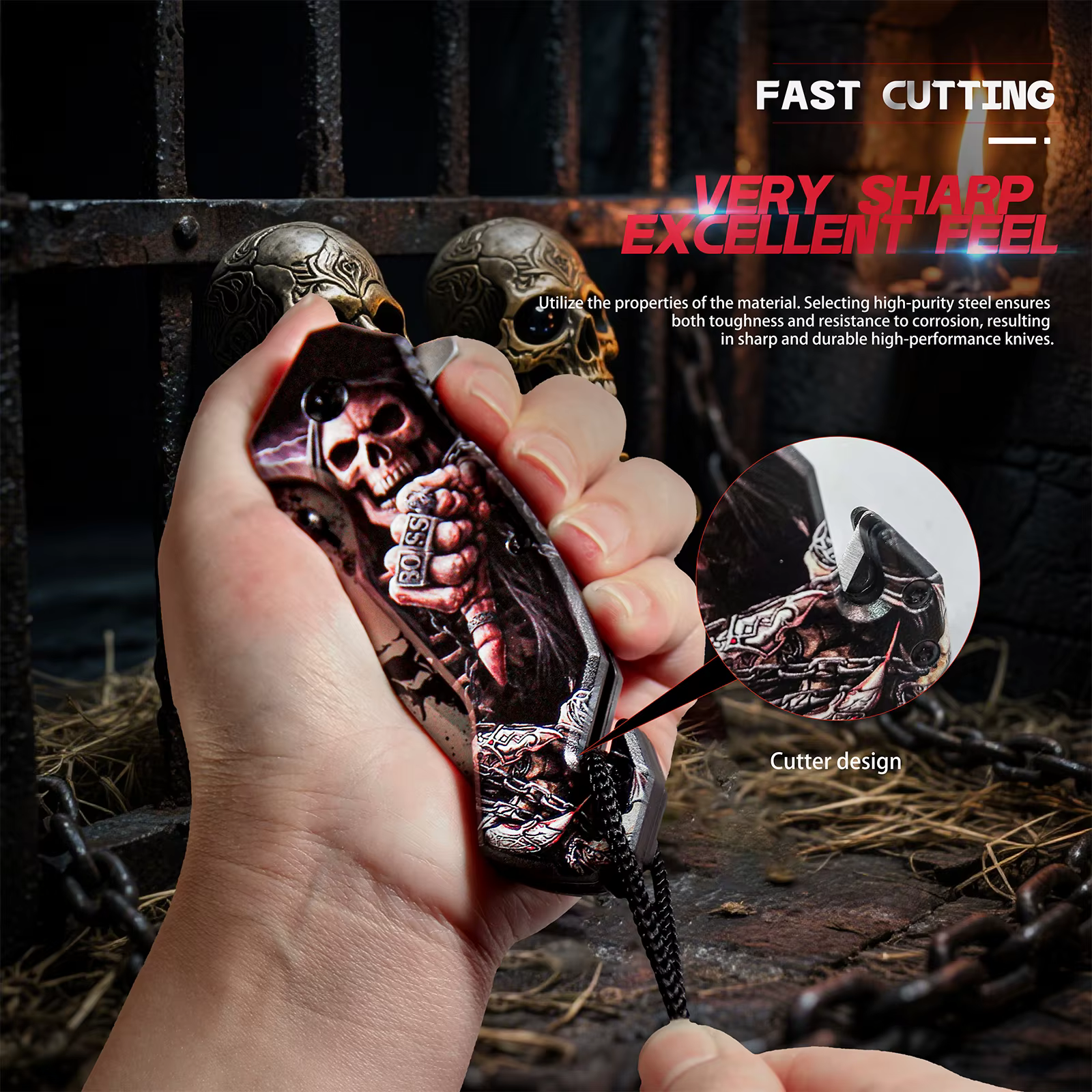 Cool Skull Ghost Head Pattern Stainless Steel Multi-purpose Folding Knife, Portable Rope Knife And Glass Shredder, Metal Handle, Perfect For Camping, Fishing And Outdoor Adventures, Perfect Gift For Men, Compound Holiday Gif — image 5