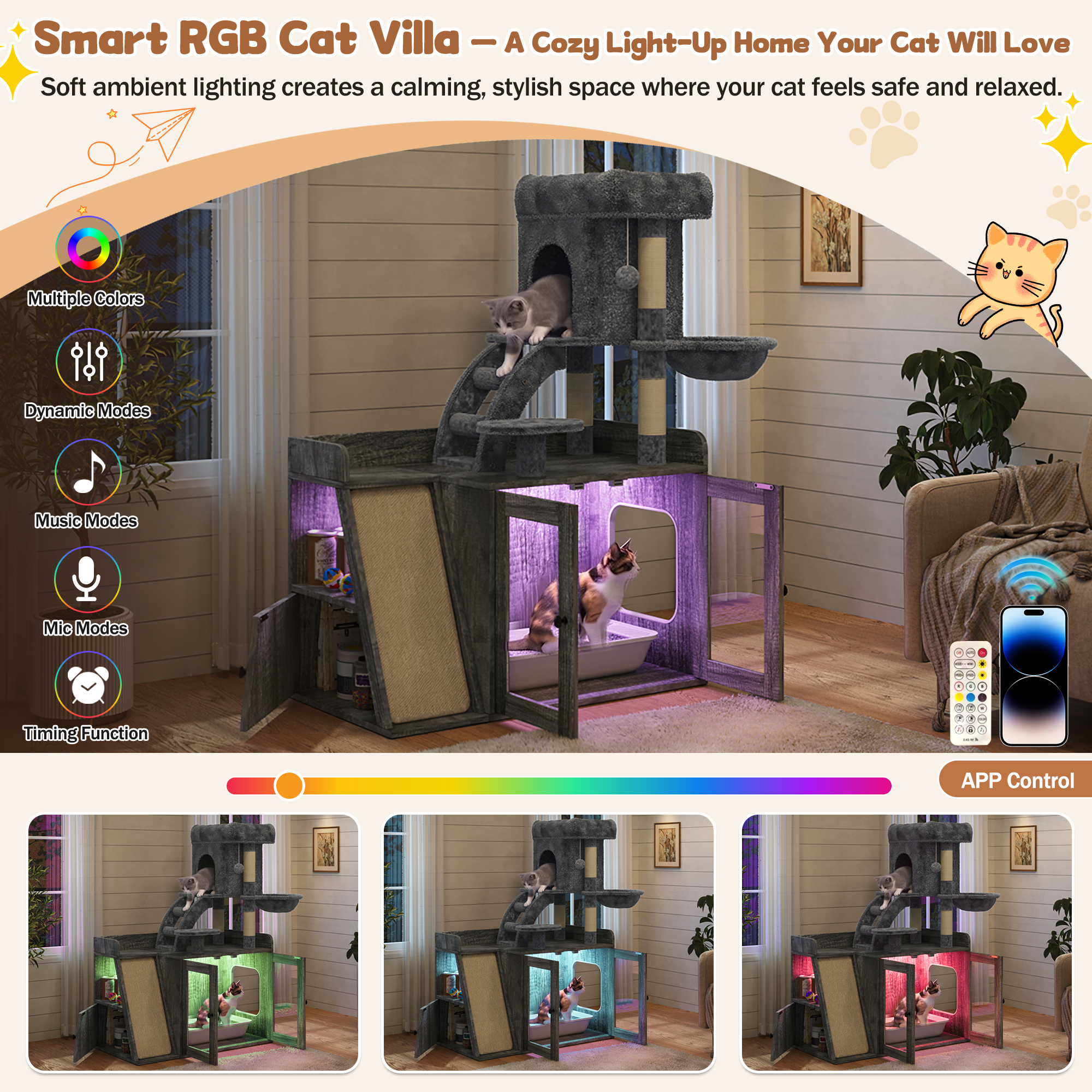 Caja de Arena Encerrada con Árbol para Gatos, Arena Oculta con LED, Tablero de Escarificado de Sisal y Espacio de Almacenamiento, Mueble Modular de Caja de Arena con Condominio y Plataforma, Torre Completa para Gatos, Gris — imagen 4