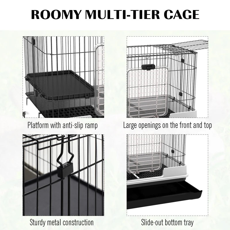 PawHut 2-Level Small Animal Cage Rabbit Hutch With Wheels, Removable Tray, Platform And Ramp For Bunny, Chinchillas, Ferret, Black — imagen 8