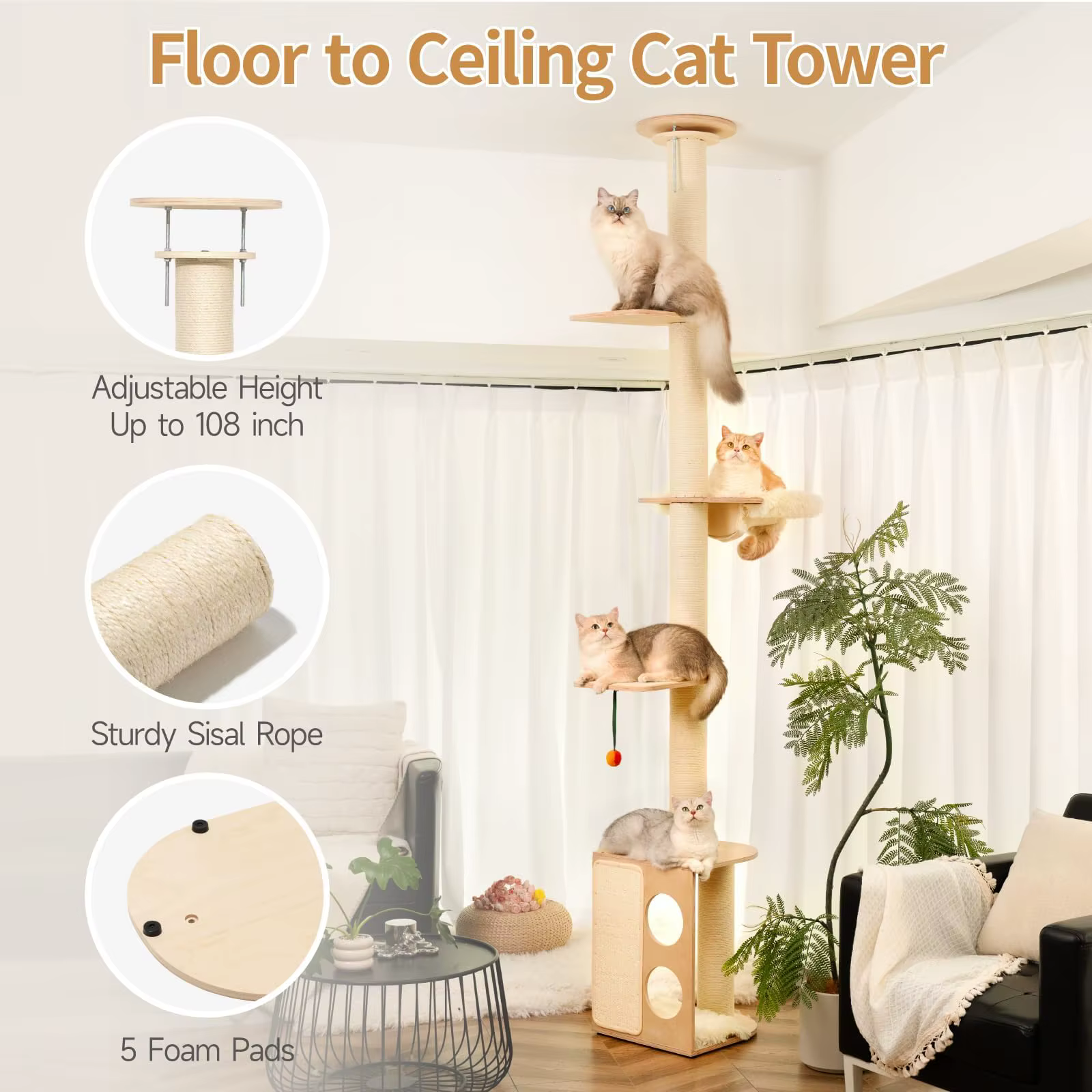 Tall wall-mounted cat tree, designed specifically for indoor cats; climbing tower; interactive wooden wall-mounted cat furniture — image 3