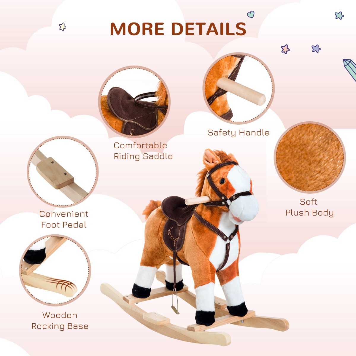 Caballo de Plush para Niños con Sonidos y Cola Móvil, Silla de Montar Tradicional en Madera con Pernas de Movimiento para Pequeños — imagen 6