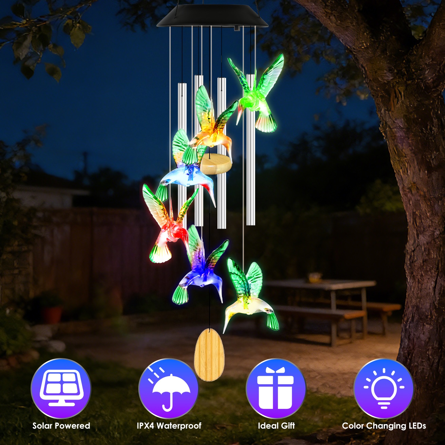 Solar Hummingbird Wind Chime With Aluminum Tubes 7 Color Changing Wind Chime For Outside IPX4 Waterproof Outdoor Garden Yard Decor — image 10