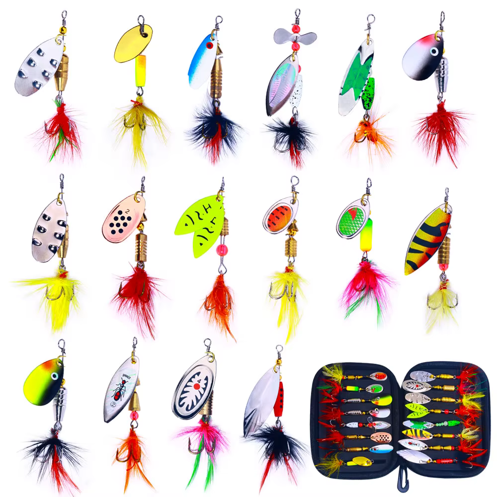 16PCS rotate Spinnerbait Metal Spoon Spinner Fishing Lure Hard Bait With Feather Treble Hooks with Bag Spinnerbait Tackle — imagen 5